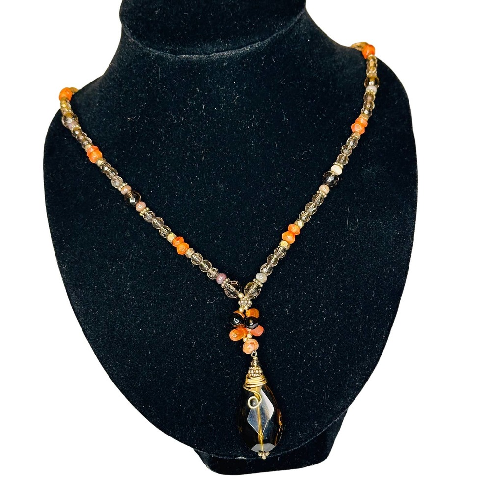 Artisan Crafted Smokey Topaz & Carnelian Y Necklace w/silver lobster claw clasp - Picture 3 of 8